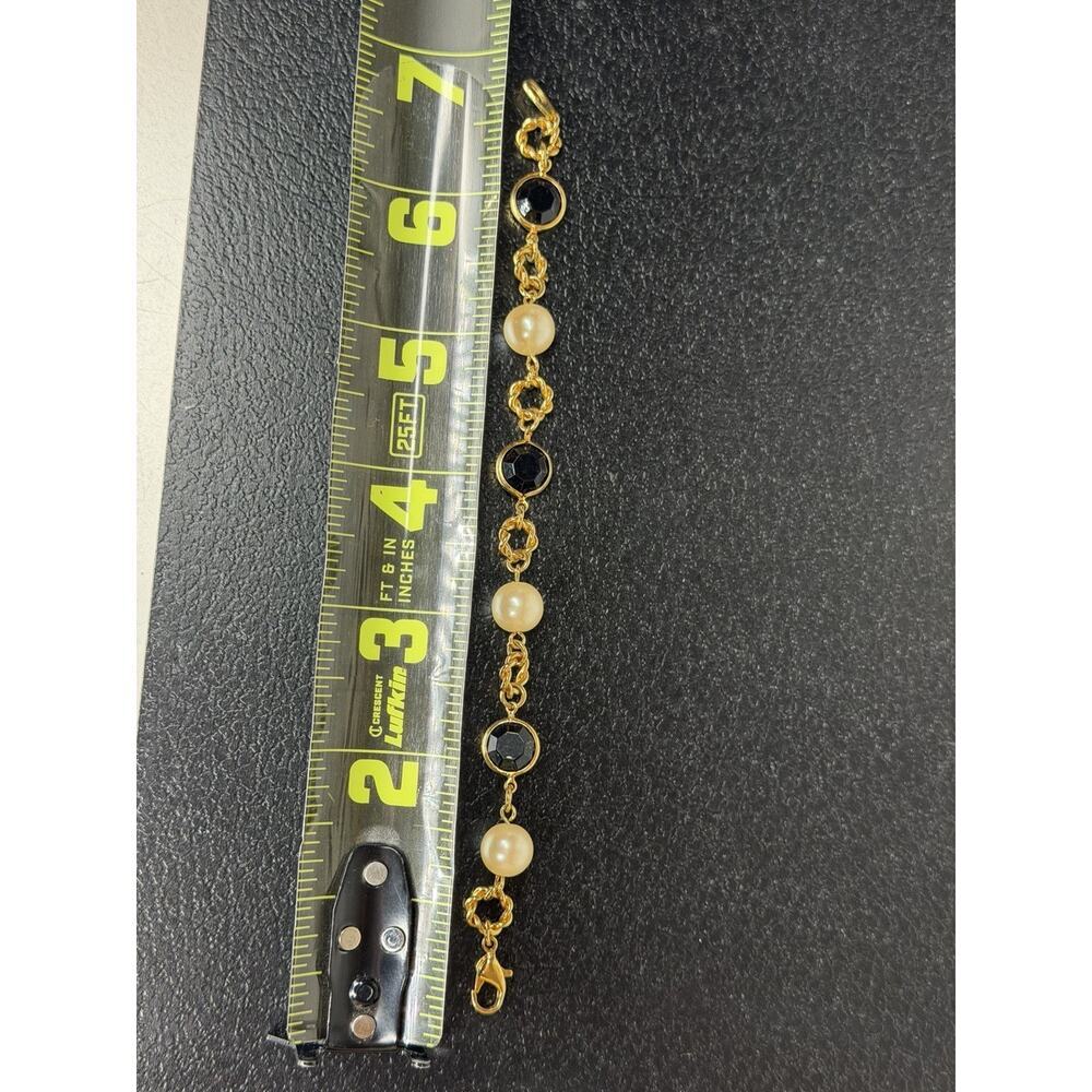 Vintage Yellow Gold Tone Bracelet Faux Pearl Jet Black Scrolled Stackable - Picture 2 of 3